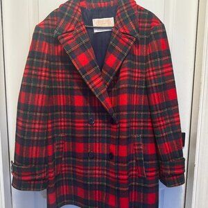 Vintage 1980s Pendleton Red & Green Tartan Wool Peacoat | Size: XL (18)
